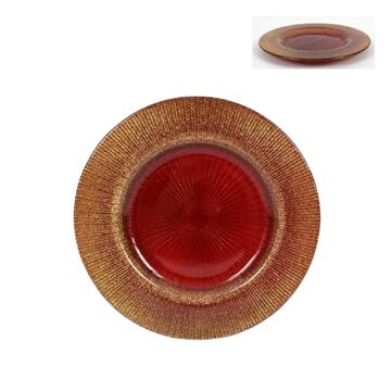 Piatto tondo in vetro rosso decorato in oro 21 cm