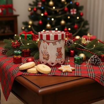 Barattolo Confezione di Latta con Manico - Coniglietti e Orsetti - 15x15 h18,5 cm - Confezione Natalizia