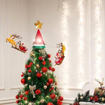 Puntale Albero di Natale Slitta di Babbo Natale, Pupazzo di Neve e Renne - con Luci e Effetti Sonori - Addobbo Natalizio