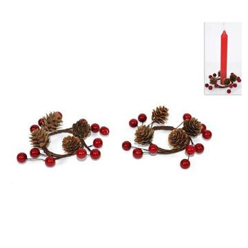Portacandele di Natale con bacche e pigne 2 pz.