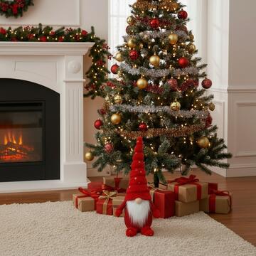 Gnomo Natalizio Rosso h 40 cm - Cappello Pelliccia Rosso con Stelline Oro - Decorazione Natalizia - Addobbo di Natale