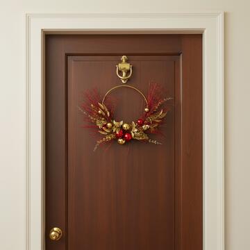 Dietroporta Ghirlanda con Anello in Metallo, Palline e Foglie, d 31 cm - Decorazione Natalizia - Addobbo di Natale