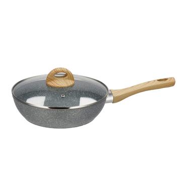 Padella + Coperchio d 24 cm Antiaderente Effetto Pietra con Rifiniture in Legno