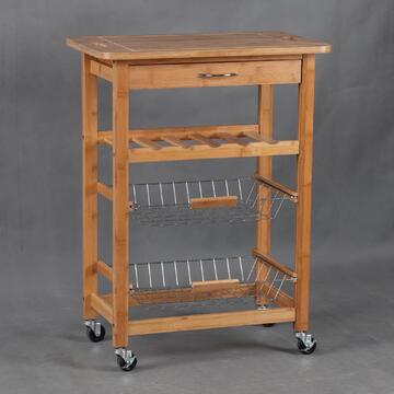 Carrello cucina in legno bambù con ripiani e portabottiglie, 63x40x86