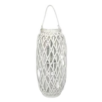 Lanterna in Vimini Bianco 30x30 h60 cm - con Manico in Corda e Porta Candela - Inserto in Vetro Marino Fa Mercato