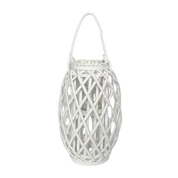 Lanterna in Vimini Bianca 27x27 h40 cm - con Manico in Corda e Porta Candela - Inserto in Vetro Marino Fa Mercato