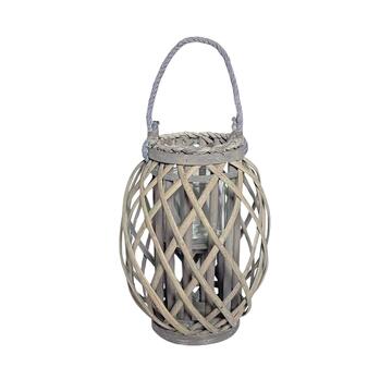 Lanterna in Vimini Grigia 23x23 h30 cm - con Manico in Corda e Porta Candela - Inserto in Vetro Marino Fa Mercato