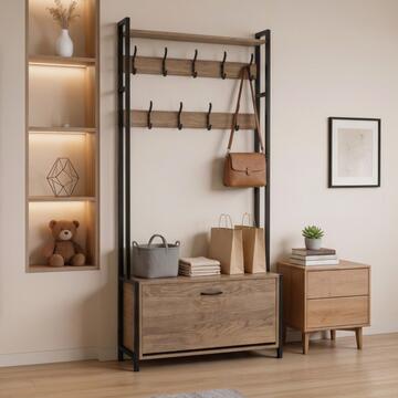 Mobile Ingresso Elmet con 1 anta scarpiera - 84x30 h182 cm - Nero/Noce- per Ingresso, Ufficio, Studio, Living