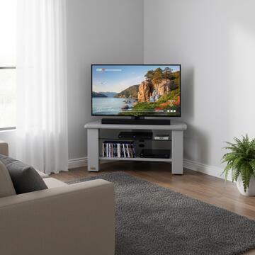 Carrello porta tv a mezzaluna con ripiani vetro e legno silver