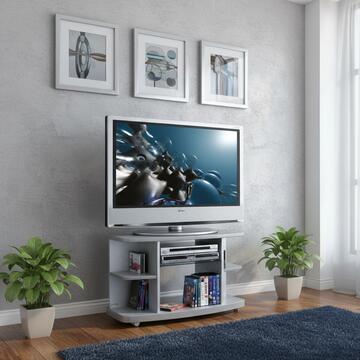 Mobile porta tv con ruote ripiani in legno e vetro, silver