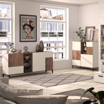 Madia Moderna 3 Ante + 2 Ripiani a Giorno in Vetro Noce/Cashmere 120x45 h120,3 cm
