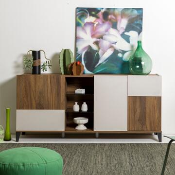 Madia Contenitore Moderna 3 Ante + 2 Ripiani a Giorno in Vetro Noce/Cashmere 180x45 h84 cm Marino Fa Mercato