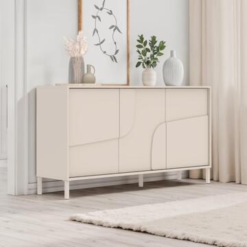 Madia Moderna 3 Ante Push and Pull Stone Cashmere 155x40 h86 cm con Inserti in Rilievo, Made in Italy