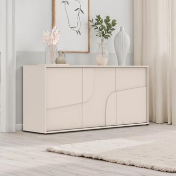 Madia Moderna 3 Ante Push and Pull Stone Cashmere 155x40 h86 cm con Inserti in Rilievo, Made in Italy