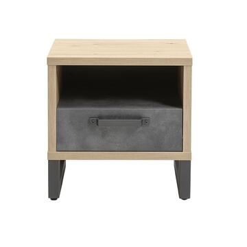 Comodino stile industriale in finitura legno rovere e cemento, 1 cassetto + 1 vano, 52x54x35