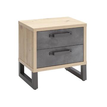 Comodino stile industriale in finitura legno rovere e cemento, 2 cassetti, 52x54x35