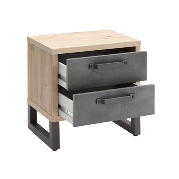 Comodino stile industriale in finitura legno rovere e cemento, 2 cassetti, 52x54x35