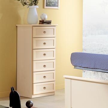 Cassettiera classica Orchidea Settimino 6 cassetti in legno beige e maniglie in metallo