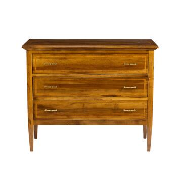 Comò Classico 3 Cassetti in Legno Massello - con Gambe a Sciabola - Arte Povera - 120x52,5 h98 cm - Bassano Noce - Made in Italy