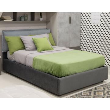 Letto 1 piazza e mezzo Julia in tessuto grigio scuro e cuscini grigio chiaro con vano contenitore chiuso