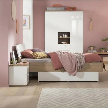 Letto 1 piazza e mezzo Riviera con cassettiera in legno rovere e finitura bianca, Composad