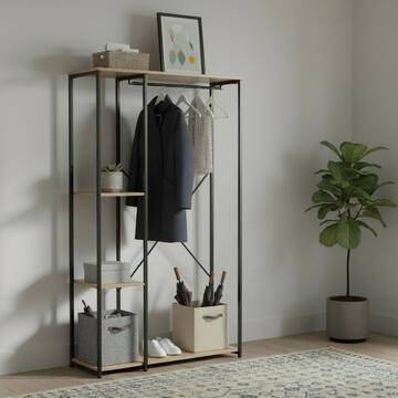 Armadio Aperto Openy con 2 ripiani + Asta Appendiabiti - 90x41 h167 cm - Nero/Rovere - per Ingresso, Camera da Letto, Ufficio