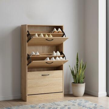 Scarpiera Moderna 3 Ribalte Rovere con Doppio Scoparto - 60x24 h116 cm - per Ingresso, Corridoio, Camera da Letto