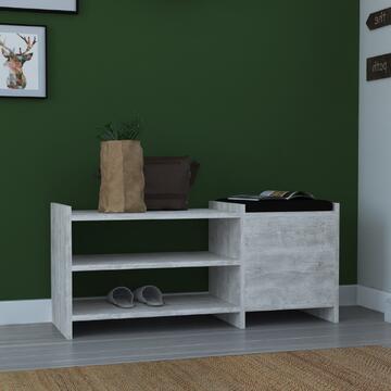 Scarpiera da ingresso Sunno con seduta panca e cuscino in legno bianco antico