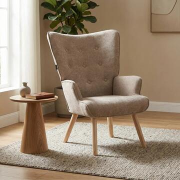 Poltrona Moderna Beige con Gambe in Legno Rovere Calipso 73x68 h96 cm