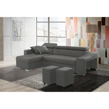 Divano letto angolare sx 3 posti con contenitore e 2 pouff, grigio
