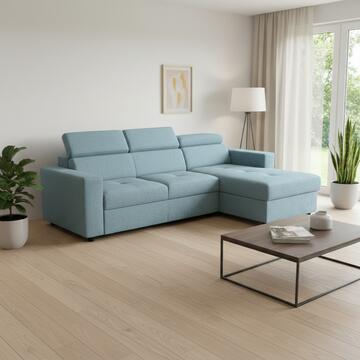 Divano Letto Angolare Kiara Ice Blue - 3 Posti Reversibile + Vano Contenitore 253x160 h 97cm - Made in Italy