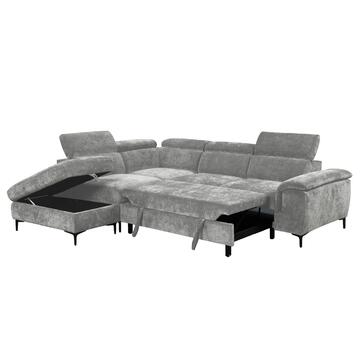Divano Letto Komor Angolare SX Grigio - 262x164 h98 cm - con Pouff Contenitore - Tessuto in Fibra di Poliestere Tramato