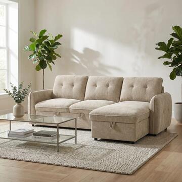 Divano Letto Angolare 3 Posti Reversibile Quincy Beige - 236x158 h89 cm - con Vano Contenitore