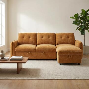 Divano Letto Angolare 3 Posti Reversibile Quincy Arancione - 236x158 h89 cm - con Vano Contenitore