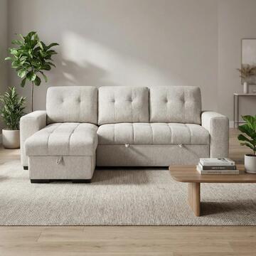 Divano Letto Angolare 3 Posti Reversibile Ellery Beige - 250x155 h92 cm - con Vano Contenitore