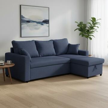 Divano Letto Golf Angolare Blu - Reversibile - con 2 Cuscini + Contenitore -  225x148 h91 cm