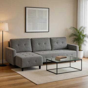 Divano Letto Angolare 3 Posti Grigio con Chaise Longue Reversibile e 3 Schienali Sfoderabili Adak