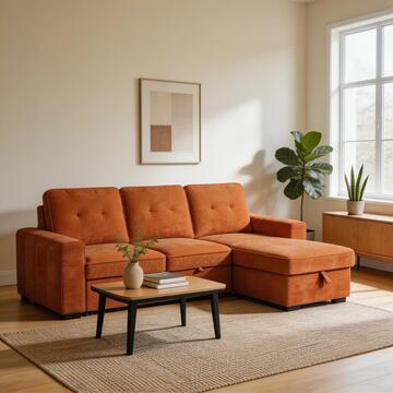 Divano Letto Angolare 3 Posti Reversibile Gael Arancione - 232x146 h 98 cm - con Vano Contenitore + 3 Cuscini Schienali Sfoderabili