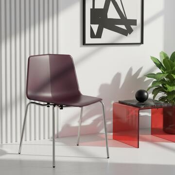 Sedia moderna per sala da pranzo in plastica vinaccia e gambe metallo, impilabile
