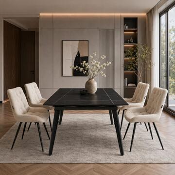 Sedia Moderna Imbottita Elara Beige 54x63 h85 cm, con Gambe in Ferro Verniciato Nero