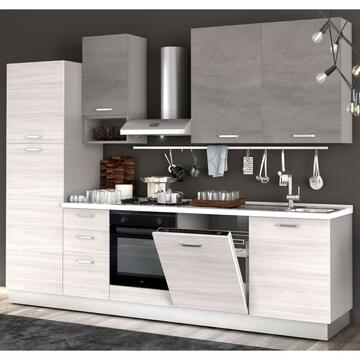 Cucina moderna completa Flora con lavastoviglie, finitura legno, frassino/cemento, Ares