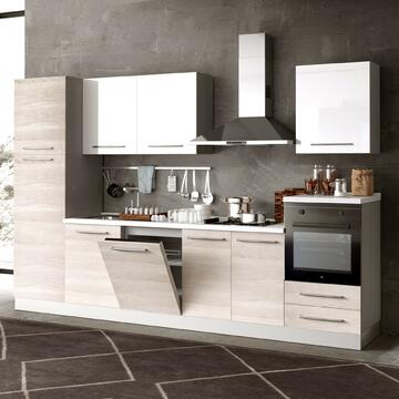Cucina completa Kristal con lavastoiglie, fintura legno bianco e olmo, 330 cm, Ares