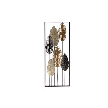 Quadro Decorativo in Metallo Motivo Foglie Combinazione colori Oro/Nero/Argento con Cornice 35x90x2cm
