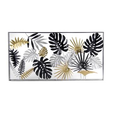 Quadro Decorativo in Metallo motivo Foglie combinazione Colori Bianco/Oro/Nero 135x69x7,6cm
