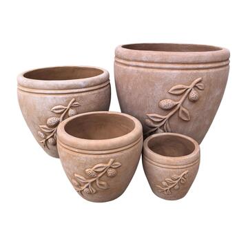 Set 4 Vasi Decorativi in Terracotta per Arredo Giardino, Fiori e Piante da Interno ed Esterno