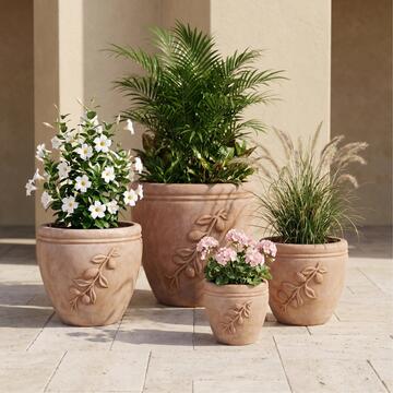 Set 4 Vasi Decorativi in Terracotta per Arredo Giardino, Fiori e Piante da Interno ed Esterno