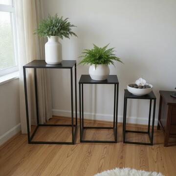 Set 3 Portavasi/SgabellI per Fiori Quib in Metallo Verniciato Nero - Grande 28x28x52 cm, Medio 23X23x42 cm, Piccolo 20x20x32 cm