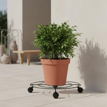 Portavaso Cruz Rotondo d 35 cm in Ferro Verniciato Nero con Ruote - per Interno, Ingresso, Soggiorno Veranda, Terrazza