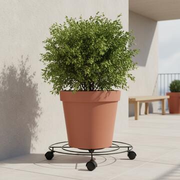 Portavaso Cruz Rotondo d 40 cm in Ferro Verniciato Nero con Ruote - per Interno, Ingresso, Soggiorno Veranda, Terrazza