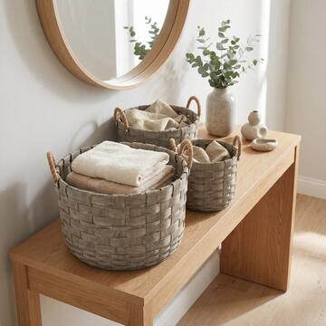 Set 3 Cesti Ced Rotondi Portaoggetti in Legno di Cedro e Canapa, Contenitori Decorativi S, M, L